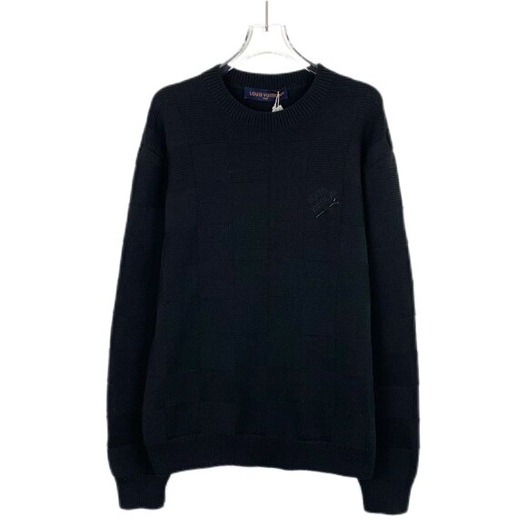 CW0152 Louis Vuitton black checkerboard logo letter pin cotton round neck long s